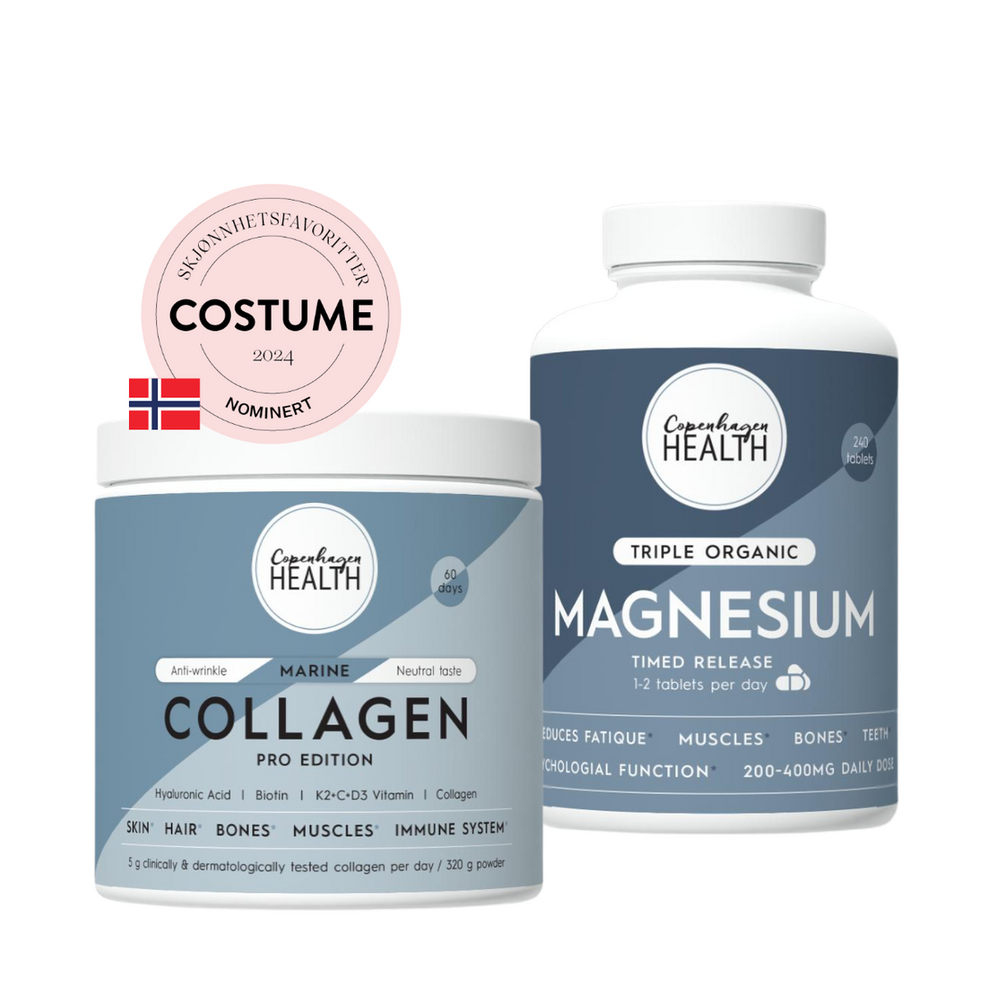 2 produkter: Kollagen med hyaluronsyre + vitaminer og magnesium